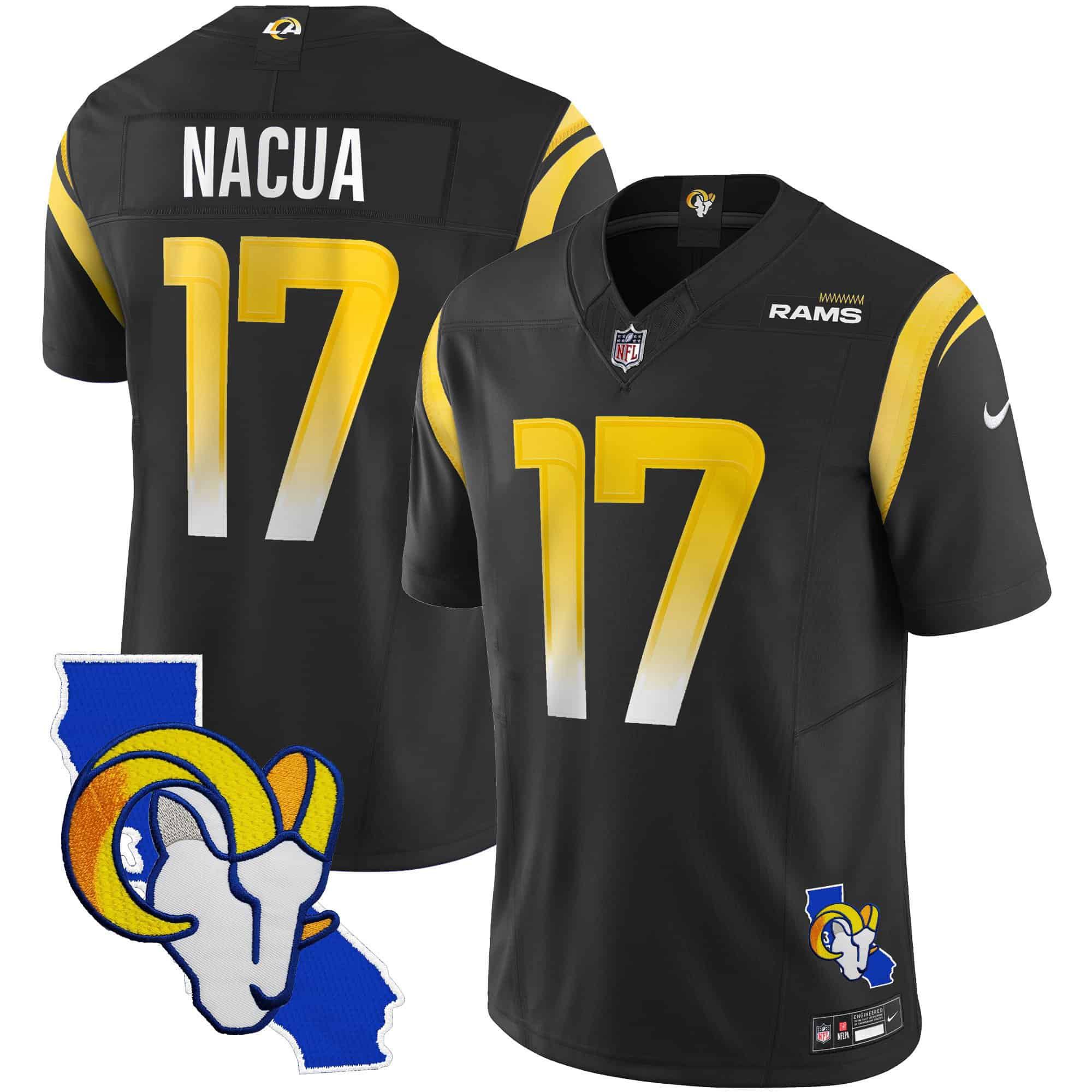 Men Los Angeles Rams #17 Nacua Black 2024 Nike California Patch Vapor Limited NFL Jersey style 1